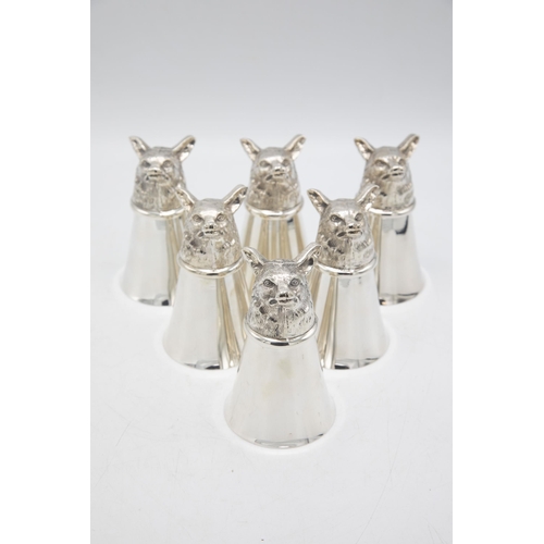 191 - Set of six well modelled silver plate fox head stirrup cups, 14cm high (6)