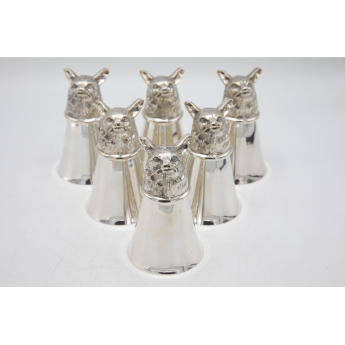 191 - Set of six well modelled silver plate fox head stirrup cups, 14cm high (6)