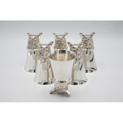 191 - Set of six well modelled silver plate fox head stirrup cups, 14cm high (6)