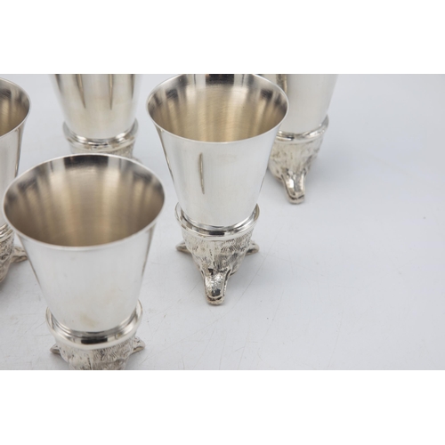 191 - Set of six well modelled silver plate fox head stirrup cups, 14cm high (6)