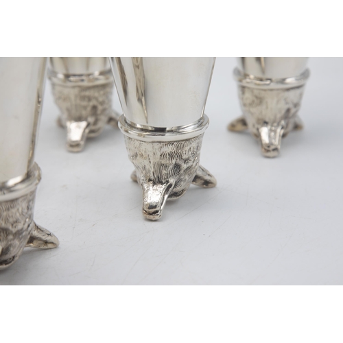 191 - Set of six well modelled silver plate fox head stirrup cups, 14cm high (6)