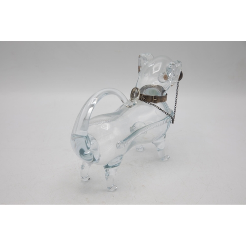 483 - 1930s novelty hand blown glass decanter in the form of a dog, with silver plate collar and chain wit... 