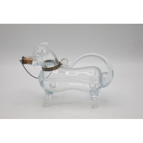 483 - 1930s novelty hand blown glass decanter in the form of a dog, with silver plate collar and chain wit... 