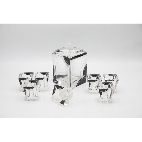 484 - Good quality 1930s Art Deco glass decanter set, decanter and six square cut glasses, with black circ... 