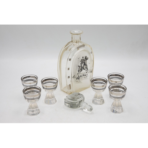 485 - Hunting Interest - impressive Art Deco period decanter set, decanter of horse shoe form decorated wi... 