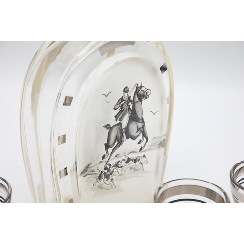 485 - Hunting Interest - impressive Art Deco period decanter set, decanter of horse shoe form decorated wi... 