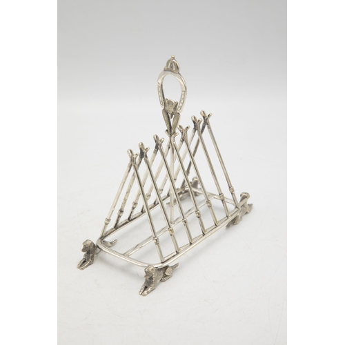 204 - Hunting Interest - Novelty silver plate six divisional toast rack, horseshoe handle with fox mask, o... 