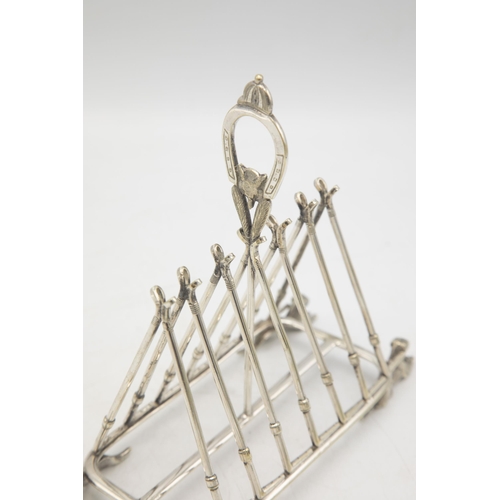 204 - Hunting Interest - Novelty silver plate six divisional toast rack, horseshoe handle with fox mask, o... 