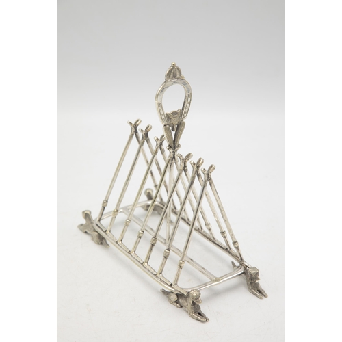 204 - Hunting Interest - Novelty silver plate six divisional toast rack, horseshoe handle with fox mask, o... 