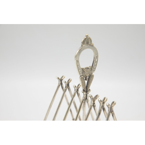 204 - Hunting Interest - Novelty silver plate six divisional toast rack, horseshoe handle with fox mask, o... 