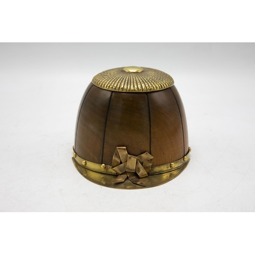 551 - Hunting Interest - Novelty tobacco or caddy box in the form of a riding hat, carved oak with brass h... 