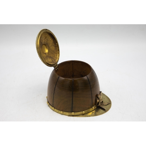 551 - Hunting Interest - Novelty tobacco or caddy box in the form of a riding hat, carved oak with brass h... 