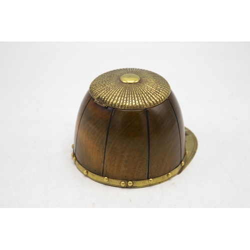 551 - Hunting Interest - Novelty tobacco or caddy box in the form of a riding hat, carved oak with brass h... 