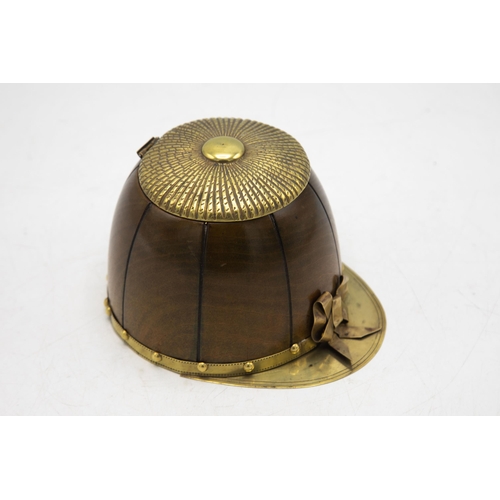 551 - Hunting Interest - Novelty tobacco or caddy box in the form of a riding hat, carved oak with brass h... 