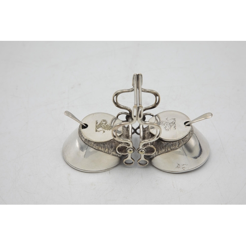 206 - Hunting Interest - Novelty silver plate twin cruet in the form of horses hooves, with bridle tack ha... 