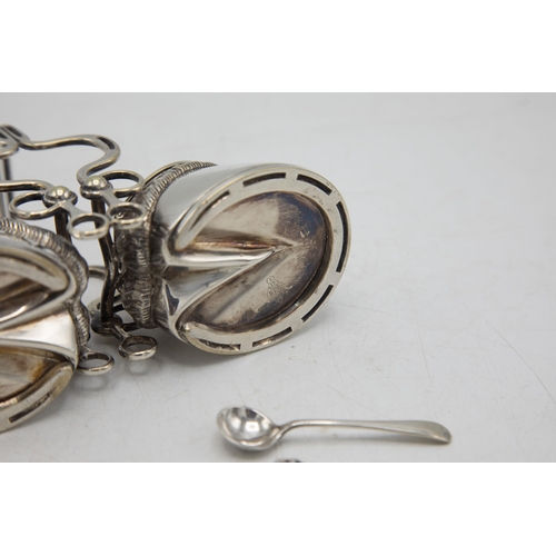 206 - Hunting Interest - Novelty silver plate twin cruet in the form of horses hooves, with bridle tack ha... 