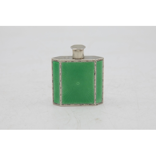 208 - 1930s Art Deco engine turned silver a guilloche enamel perfume bottle, maker Mappin & Webb, Birmingh... 