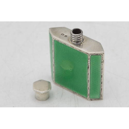 208 - 1930s Art Deco engine turned silver a guilloche enamel perfume bottle, maker Mappin & Webb, Birmingh... 