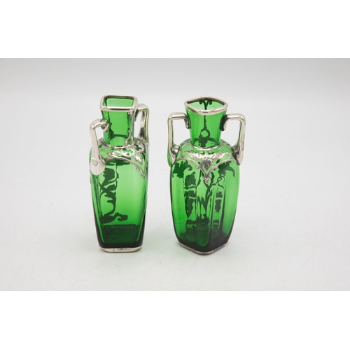 209 - Pair on 1920s American green glass twin handled vases with silver floral overlay, 14cm high