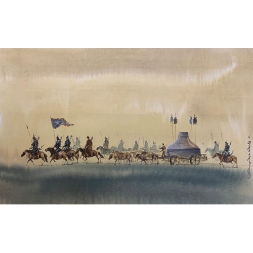 1555 - 20th century Mongolian school - a battle procession and an encampment, indistinctly signed, watercol... 