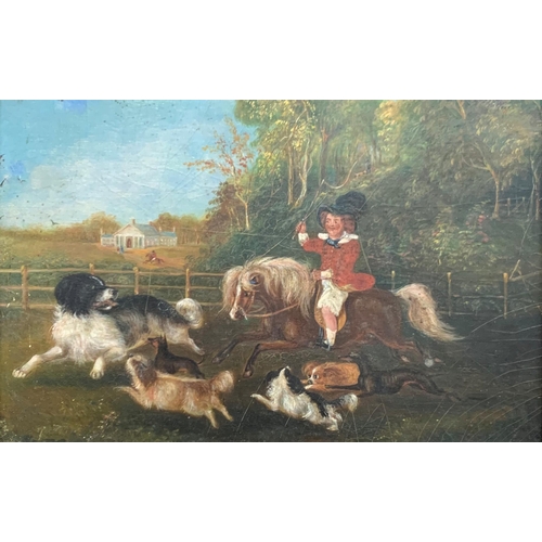 1556 - 19th century American Folk Art - Naïve study of a boy on horseback surrounded by six dogs, various b... 