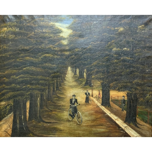 1557 - 19th century American Folk Art - Naïve pair of atmospheric landscapes of figures on an avenue, the s... 