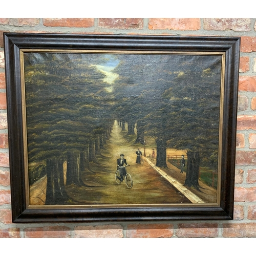 1557 - 19th century American Folk Art - Naïve pair of atmospheric landscapes of figures on an avenue, the s... 