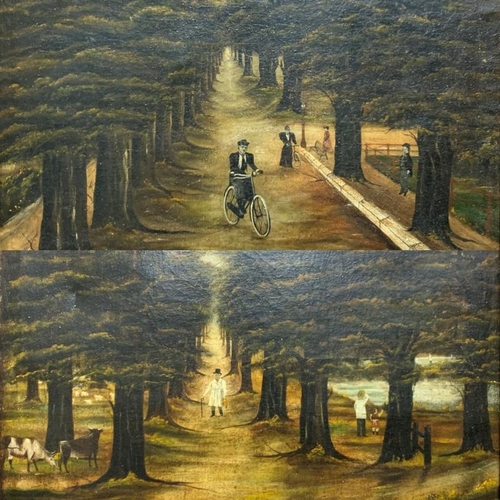 1557 - 19th century American Folk Art - Naïve pair of atmospheric landscapes of figures on an avenue, the s... 