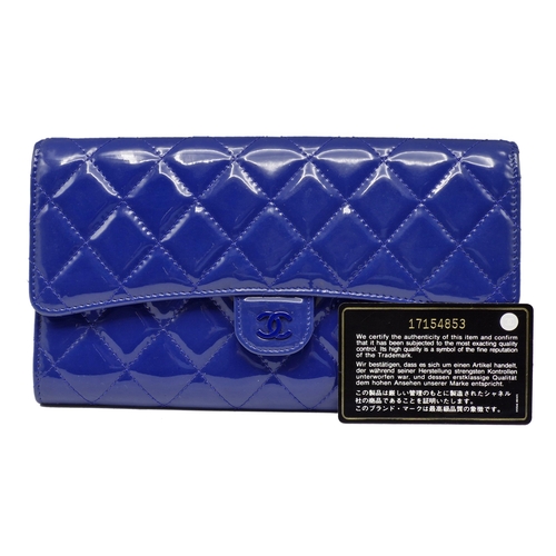 281 - Chanel blue leather shiny clutch bag with cash wallet, card holder and passport cover, to include or... 