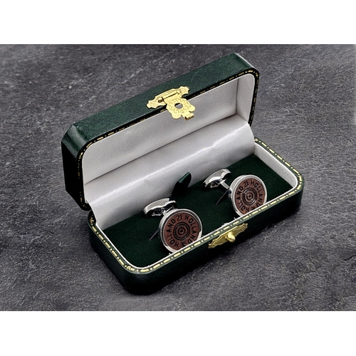 271 - Holland & Holland chrome and walnut shotgun cartridge cufflinks, boxed