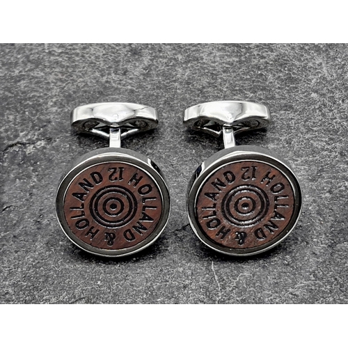 271 - Holland & Holland chrome and walnut shotgun cartridge cufflinks, boxed