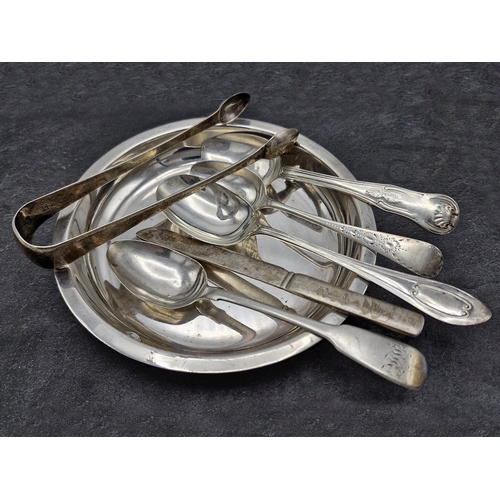 219 - Mixed silver - four various spoons, sugar tongs, dish and eastern letter knife, 9oz approx (7)