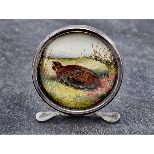 230 - Hunting Interest - silver framed menu holder, fitted with a watercolour of a recumbent partridge, ma... 