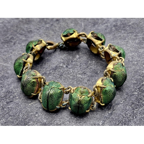 148 - Egyptian Revival Scarab beetle bracelet, ten lustred beetles on gilt chain, genuine scarab beetles, ... 