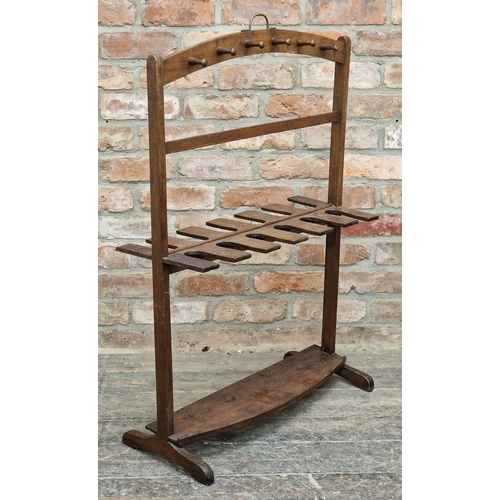 1366 - Antique oak boot and whip rack with brass carry handle, H 100cm x W 70cm