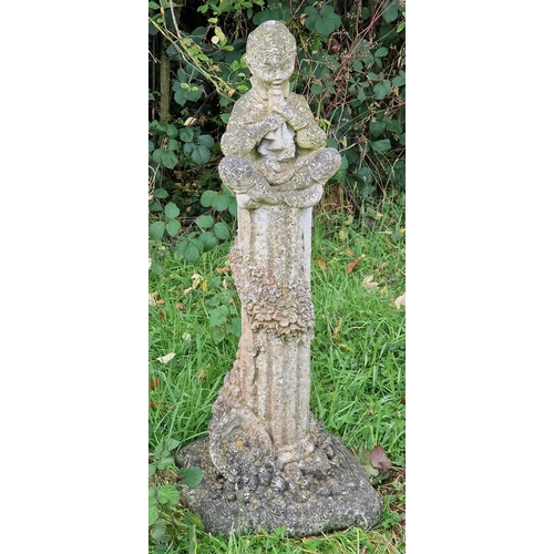 1028 - Weathered reconstituted stone garden ornament of pan the piper, H 88cm