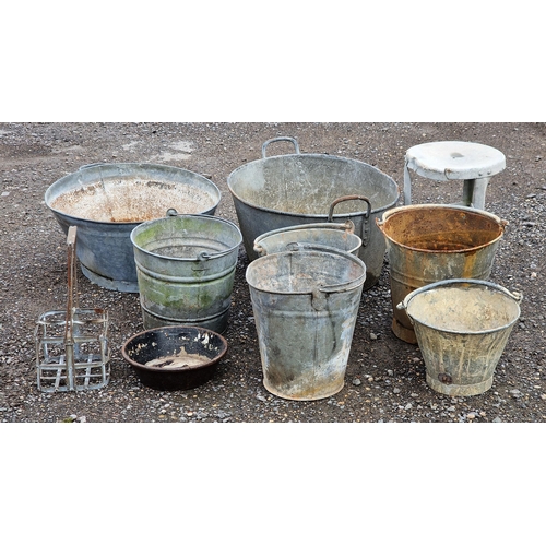 1037 - Collection of vintage galvanised items to include buckets, tubs etc