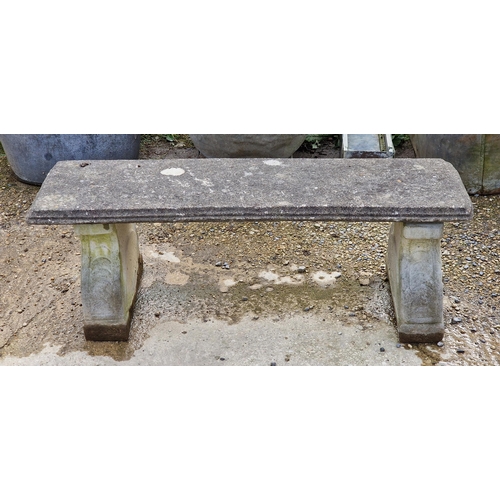 1041 - Weathered reconstituted stone pedestal garden bench with sunburst detail, H 42cm x W 122cm x  D 42cm