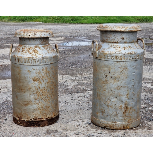 1042 - Two vintage galvanised lidded milk churns with impressed makers labels, largest H 70cm (2)