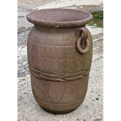 1046 - Decorative terracotta amphora urn with twin loop handles and incised decoration, H 53cm x W 33cm