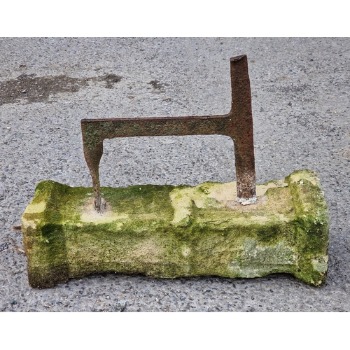 1057 - Antique iron boot scraper set in a stone block, H 15cm x W 52cm x D 14cm