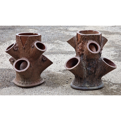 1069 - Good quality matched pair of antique salt glazed strawberry planters in the form of tree trunks, lar... 