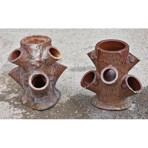 1069 - Good quality matched pair of antique salt glazed strawberry planters in the form of tree trunks, lar... 