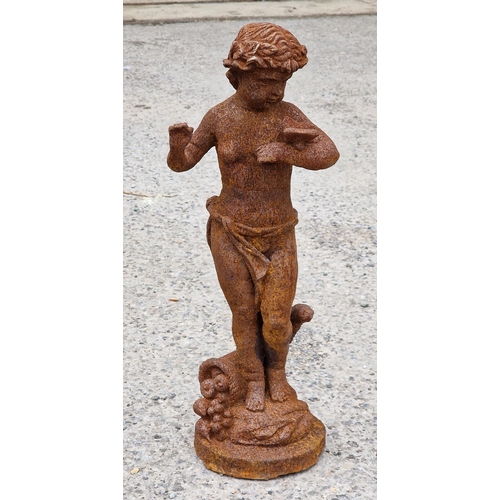 1072 - Antique cast iron ornament of a cherub with a butterfly, H 47cm