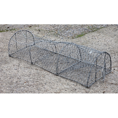 1084 - Vintage wirework fish trap stamped 'Young and Sons', H 21cm x W 90cm x D 34cm