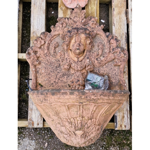 1085 - Vintage terracotta wall mounted water feature with cherub and acanthus leaf detail, H 70cm x W 52cm