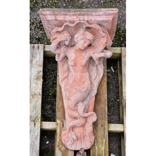 1086 - Vintage terracotta corbel with mermaid and shell detail, H 54cm