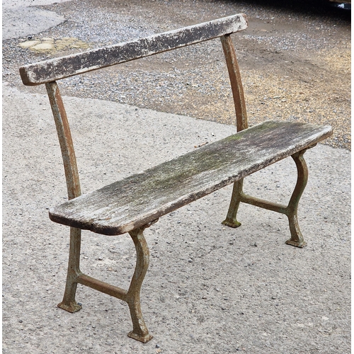 1093 - Vintage cast iron railway bench with plank seat, H 80cm x W 122cm x D 37cm