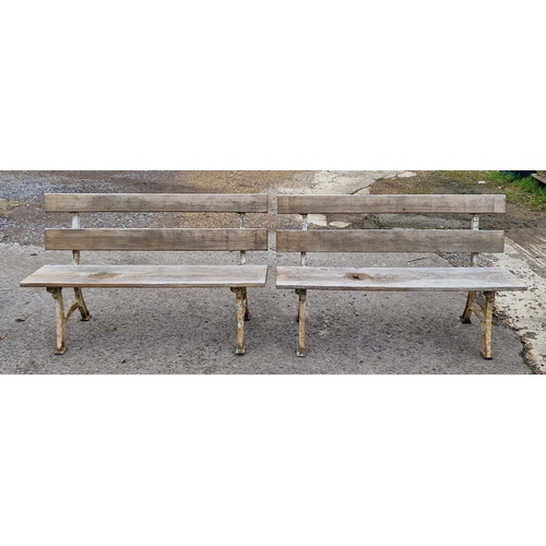 1094 - Pair of vintage metal railway benches with planked seat and back, H 73cm x W 122cm x D 45cm (2)