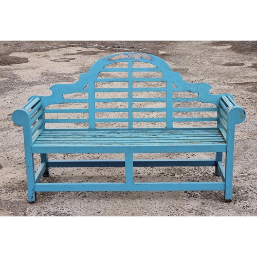 1096 - Painted teak Lutyens style bench, H 104cm x W 165cm x D 56cm